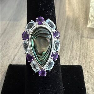 Sterling Silver Abalone Amethyst White Topaz Ring Size 7.5 JTV
